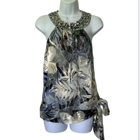 Cache vintage silk halter top beaded palm print excellent Size 8 - Picture 9 of 10
